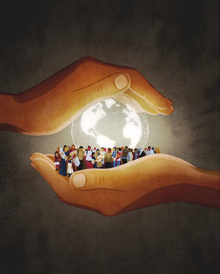 a hand holding a small group of people in front of a light bulb with the earth on it