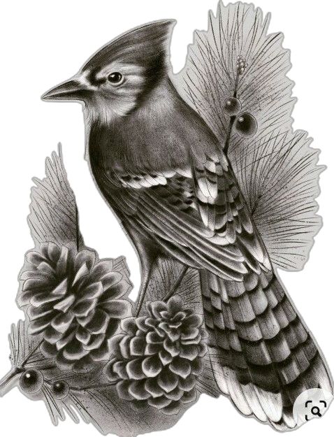 a black and white drawing of a bird sitting on a branch with pine cones around it