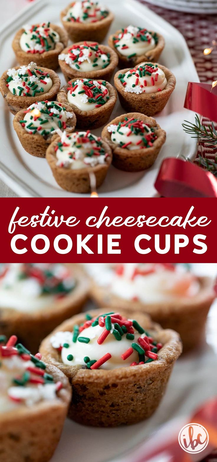 chocolate chip cookie cups with cheesecake filling and christmas red and green sprinkles. Christmas Mini Cheesecakes, Bite Size Christmas Desserts, Christmas Desserts Cheesecake, Mini Christmas Desserts, Cheesecake Cookie Cups, Christmas Desserts Party, Cheesecake Cookie, Cookie Cups Recipe, Christmas Cheesecake