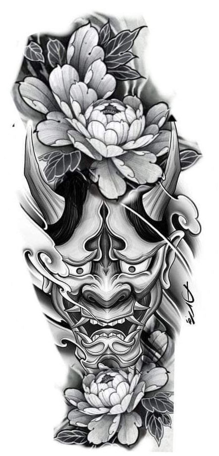 a black and white image of a skull with flowers on it