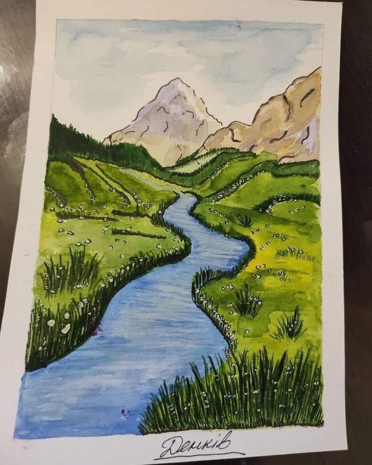 a drawing of a river running through a green valley