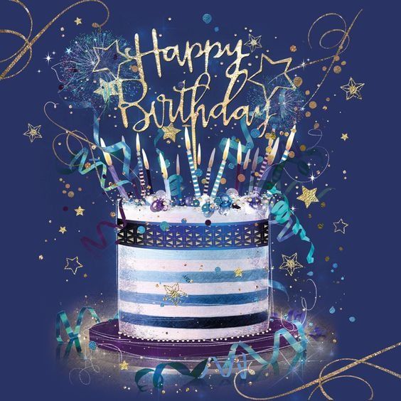 a birthday cake with candles and streamers in the shape of stars is on a blue background