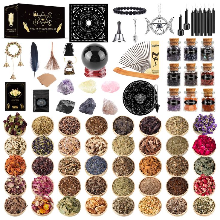 PRICES MAY VARY. 🏆 127 Pack Protection Witchcraft Kit: New Black Witchcraft Set for beginners loaded with wiccan supplies and tools for protection. It include 40 dried herbs, 9 crystals bottles, 12 black spell candles, 2 candle holders, 20 parchments, 20 incense with holder, 6 raw stones, obsidian fengshui ball & holder, pendulum dowsing & pendulum board, necklace amulet, chakra bracelet, black salt, witch broom, black tarobs, feathers, hand bell, spoon, witch bell, guide book, spell bag. Happy Hecate Alter, Witchcraft Kit, Protection Witchcraft, Witch Starter Kit, Wiccan Supplies, Candles Witch, Black Witchcraft, Witch Spells, Witch School