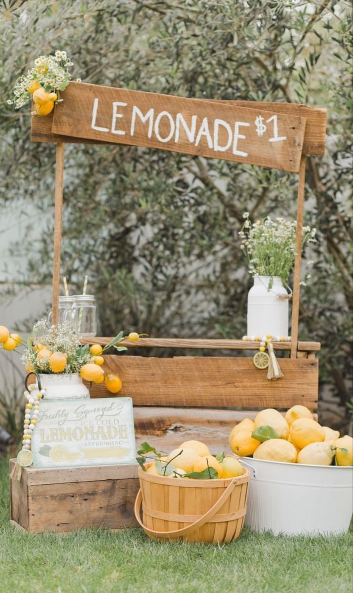 lemonade stand with fresh fruit and flowers on the grass