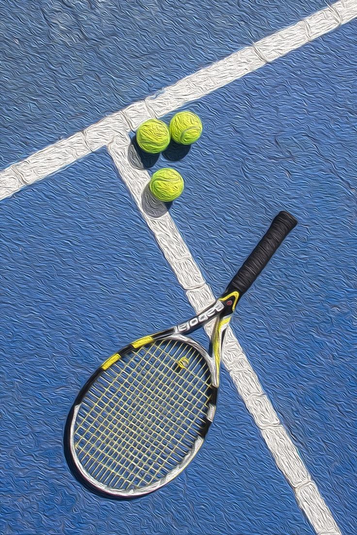 three tennis balls and a racket on a blue court