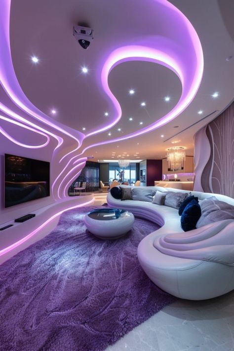 the living room is decorated in purple and white with an unusual ceiling that has lights on it