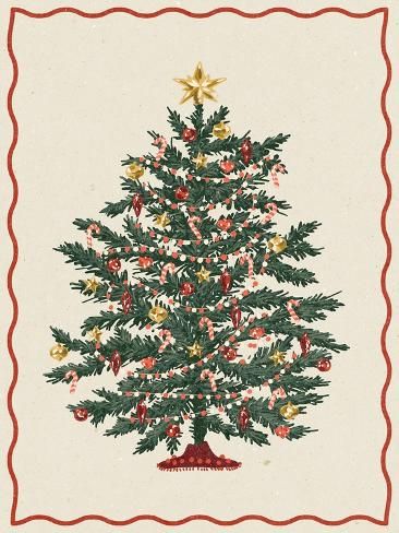 a christmas tree with red and gold ornaments on it's branches, in front of a white background