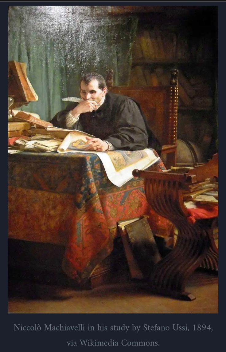 a painting of a man sitting at a table with an open book in front of him