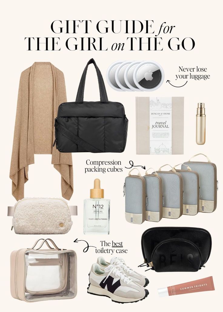 the gift guide for the girl on the go is shown in black, white and gold