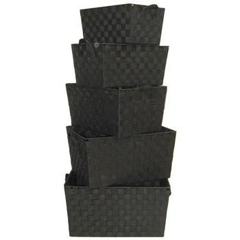 four black baskets stacked on top of each other in front of a white background,