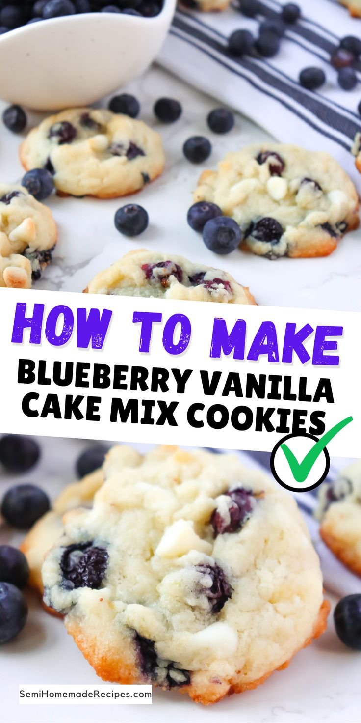 blueberry vanilla cake mix cookies with text overlay