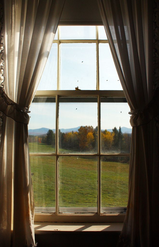 an open window with curtains on it looking out onto a grassy field and trees in the distance