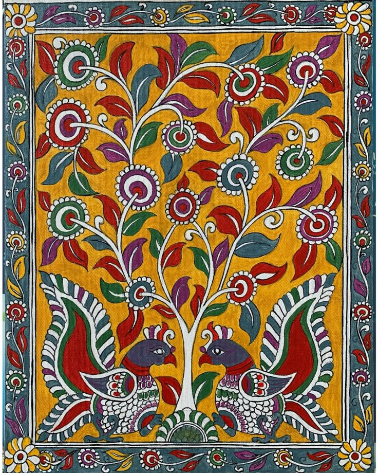 an intricately decorated tree with colorful leaves and flowers on yellow ground, in the middle of