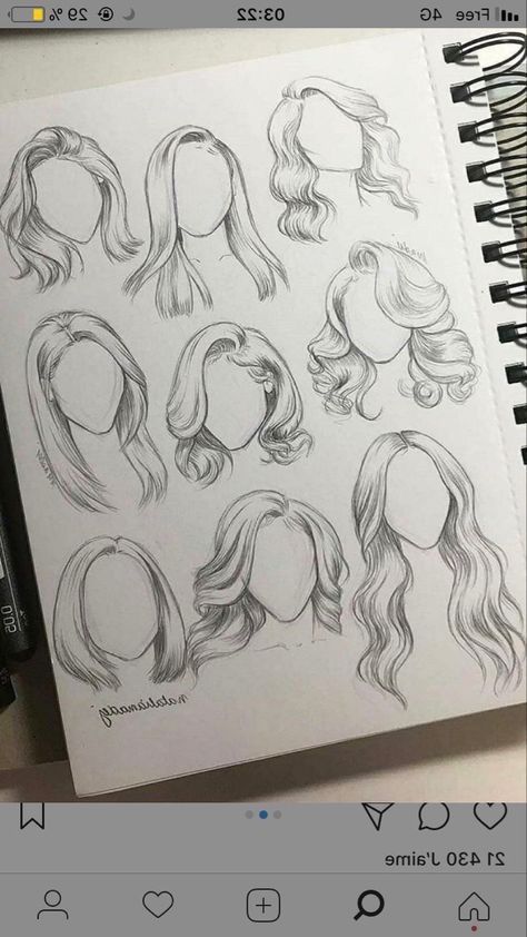 a notebook with drawings of different hair styles on the page and an iphone next to it