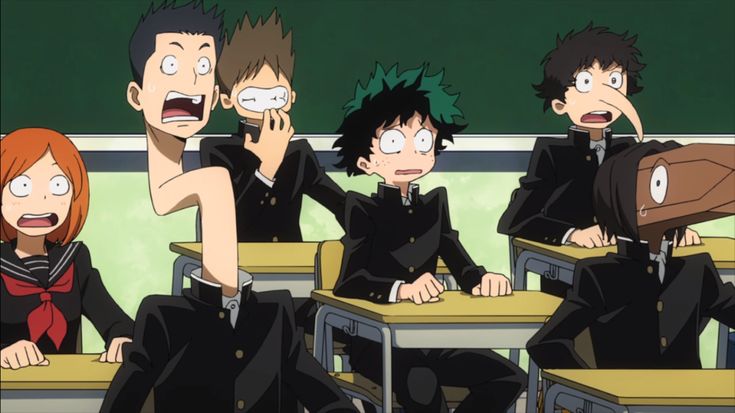 three anime characters sitting at desks with one holding up his hand to his face