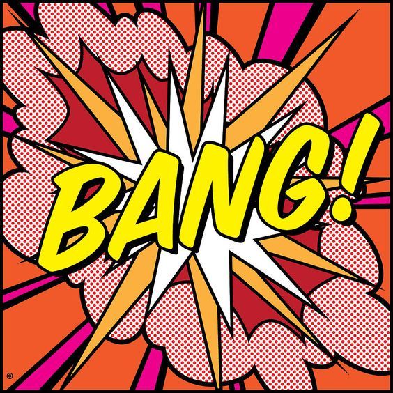 the word bang on an orange and pink background with pop art style flowers in the center