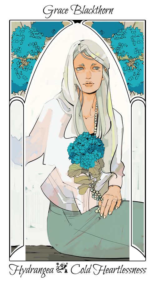 a drawing of a woman holding a bouquet of flowers in front of a stained glass window