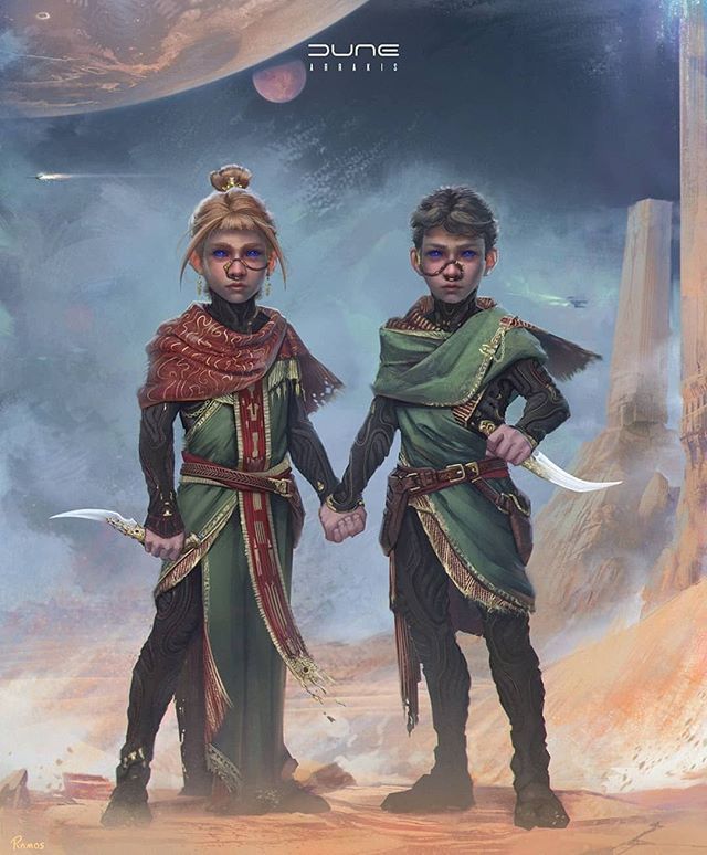 two people standing next to each other holding hands in front of an alien landscape with planets