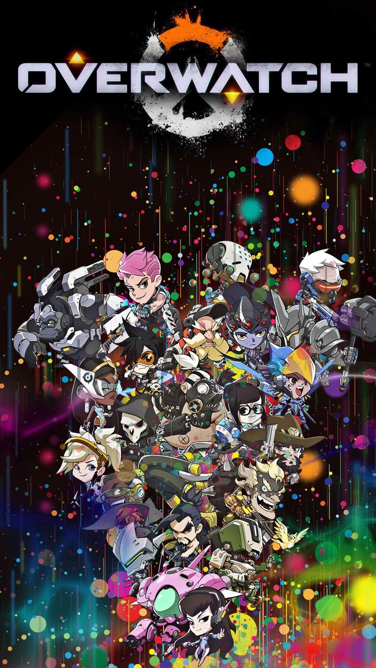 overwatch movie poster with many characters in the background and colorful lights around them,