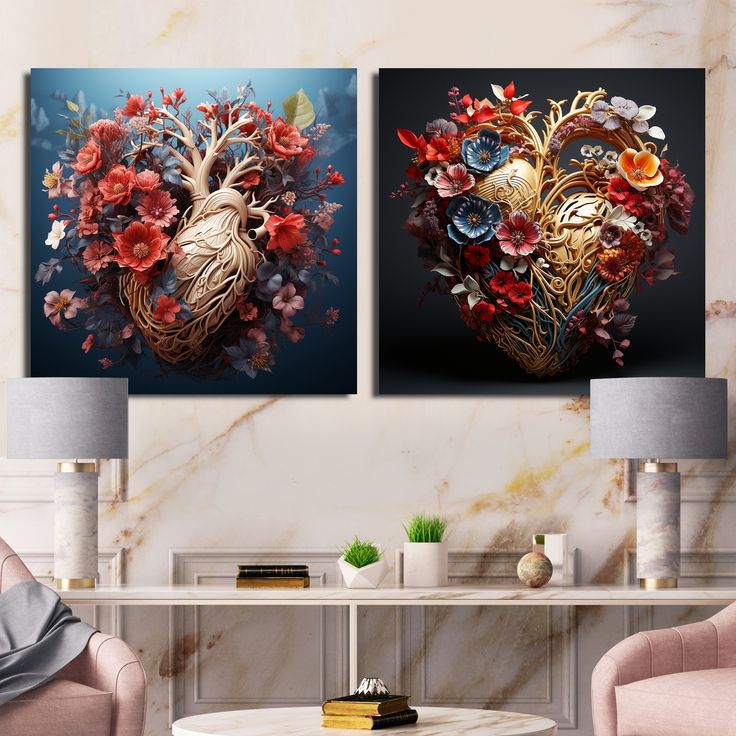 two paintings of flowers in the shape of a heart on a wall above a coffee table