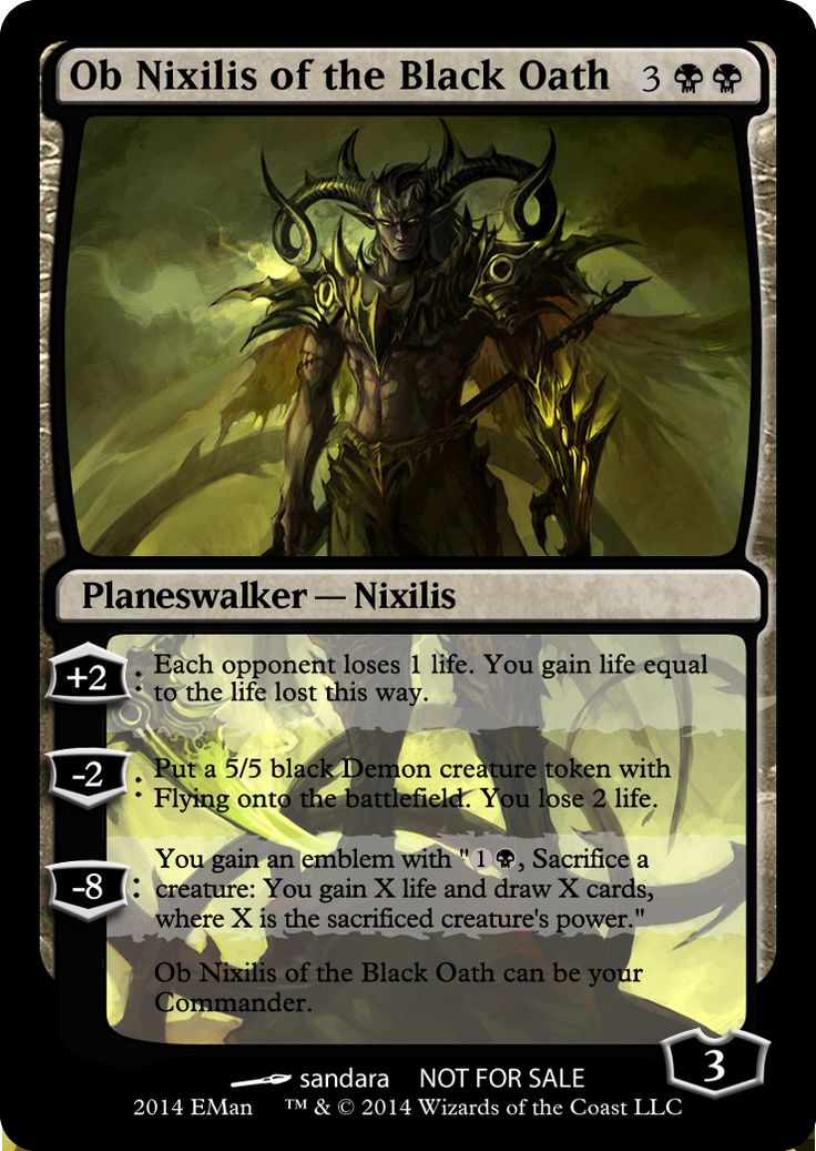 a card with an image of a demon in the middle and text that reads, black oath