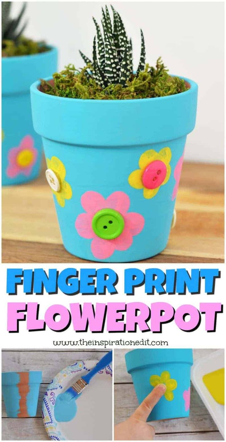 a flower pot with flowers painted on it and the words finger print flower pot in front