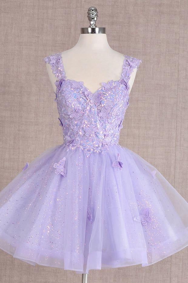 Vestido Color Lila, Purple Quince, Special Ocassion Dresses, Short Sleeveless Dress, Cocktail Dress Short, Purple Quinceanera Dresses, Butterfly Applique, Glitters Skirt, Dama Dresses