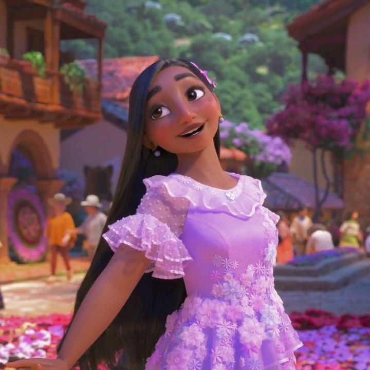 an animated character in a pink dress with long black hair and big eyes, holding her hand out to the side