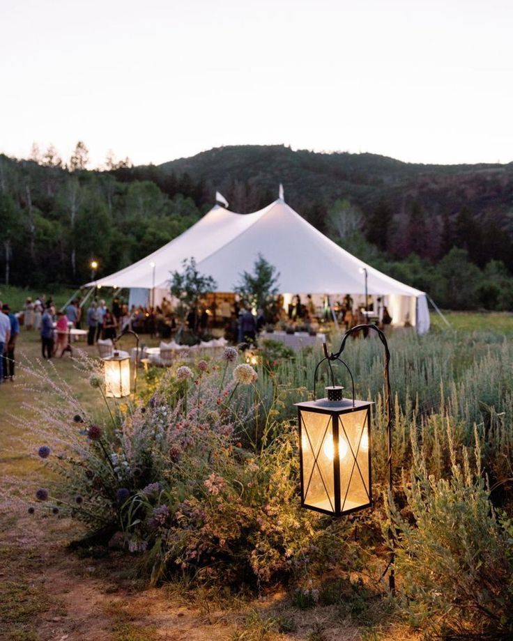 a group of people that are standing in the grass near a tent with lights on it