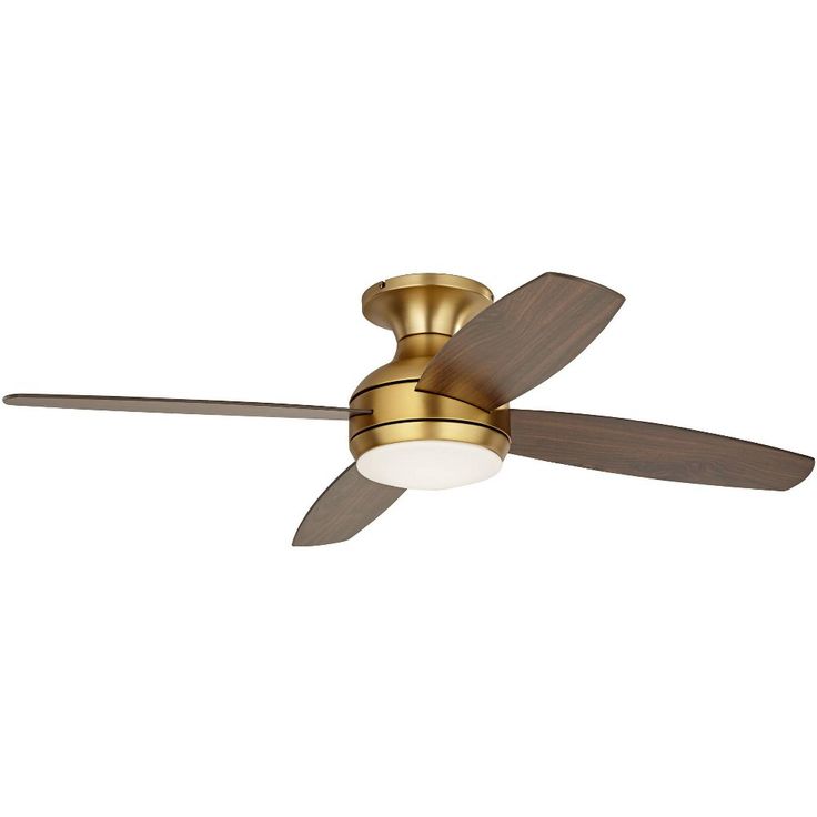 a gold ceiling fan with a light on it's side and a wooden blade