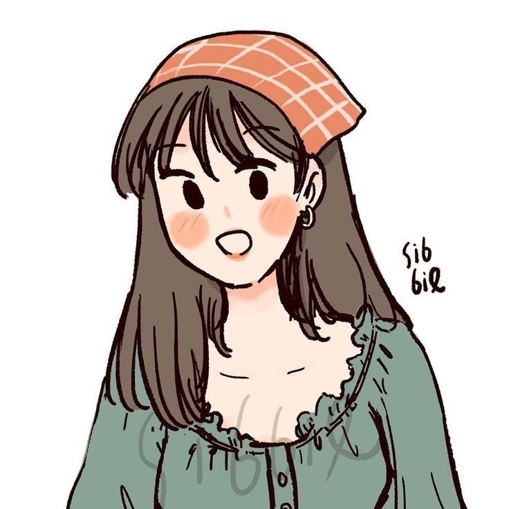 a drawing of a girl with long hair wearing a plaid hat and green shirt, looking at the camera