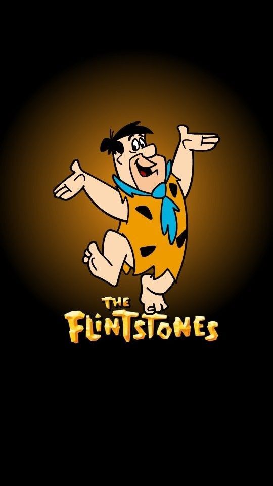 the flintstones logo on a black background with an orange and yellow cartoon character pointing at something