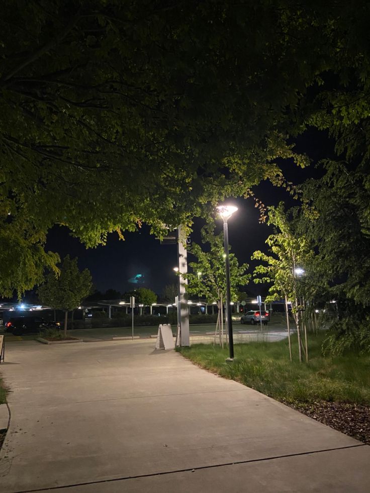 an empty walkway at night with street lights on the side and trees in the background