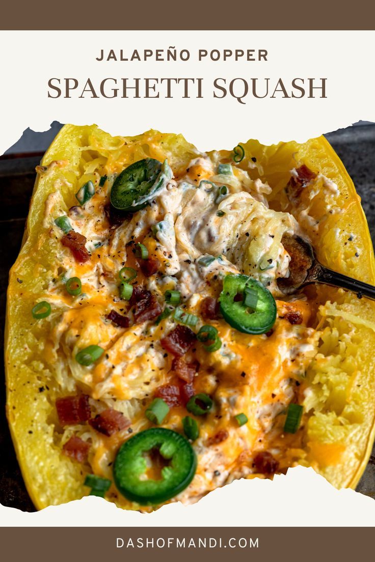 jalapeno popper spaghetti squash with bacon, cheese and green peppers on top