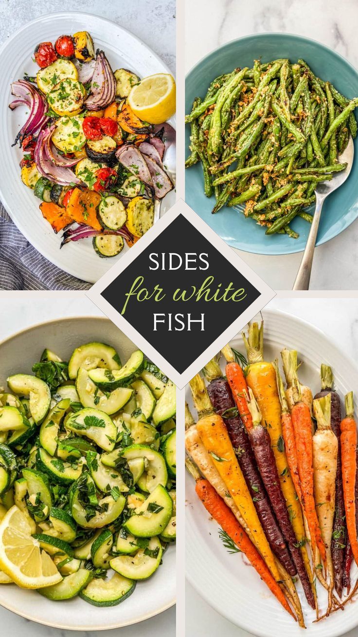 four different dishes with vegetables in them and the words sides for white fish