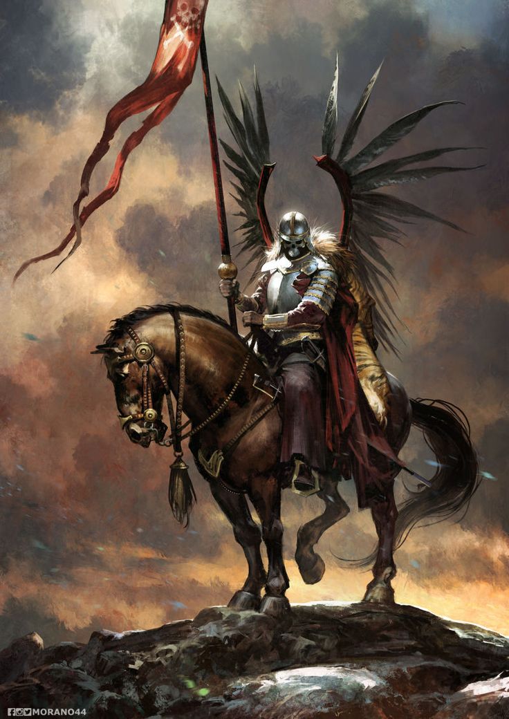 a painting of a knight on a horse holding a flag and standing next to a demon