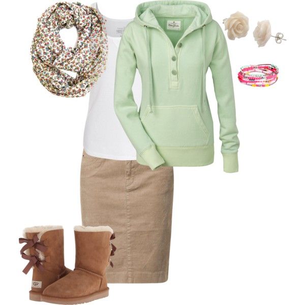 A fashion look from September 2014 featuring True Religion tops, Jackpot skirts and UGG Australia ankle booties. Browse and shop related looks. Winter Cuddles, Summer/fall Outfits, Sales Promotion, Denim Skirt Outfits, Apostolic Fashion, Big Girl Fashion, Green Sweatshirt, Dress For Success, Sporty Outfits