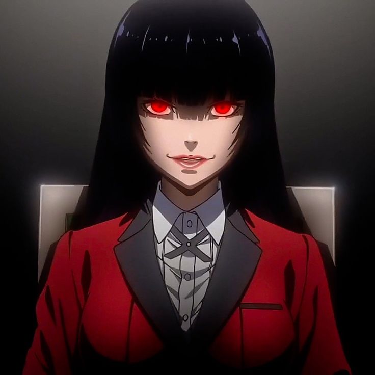 an anime character with red eyes and long black hair wearing a red jacket, standing in front of a gray background