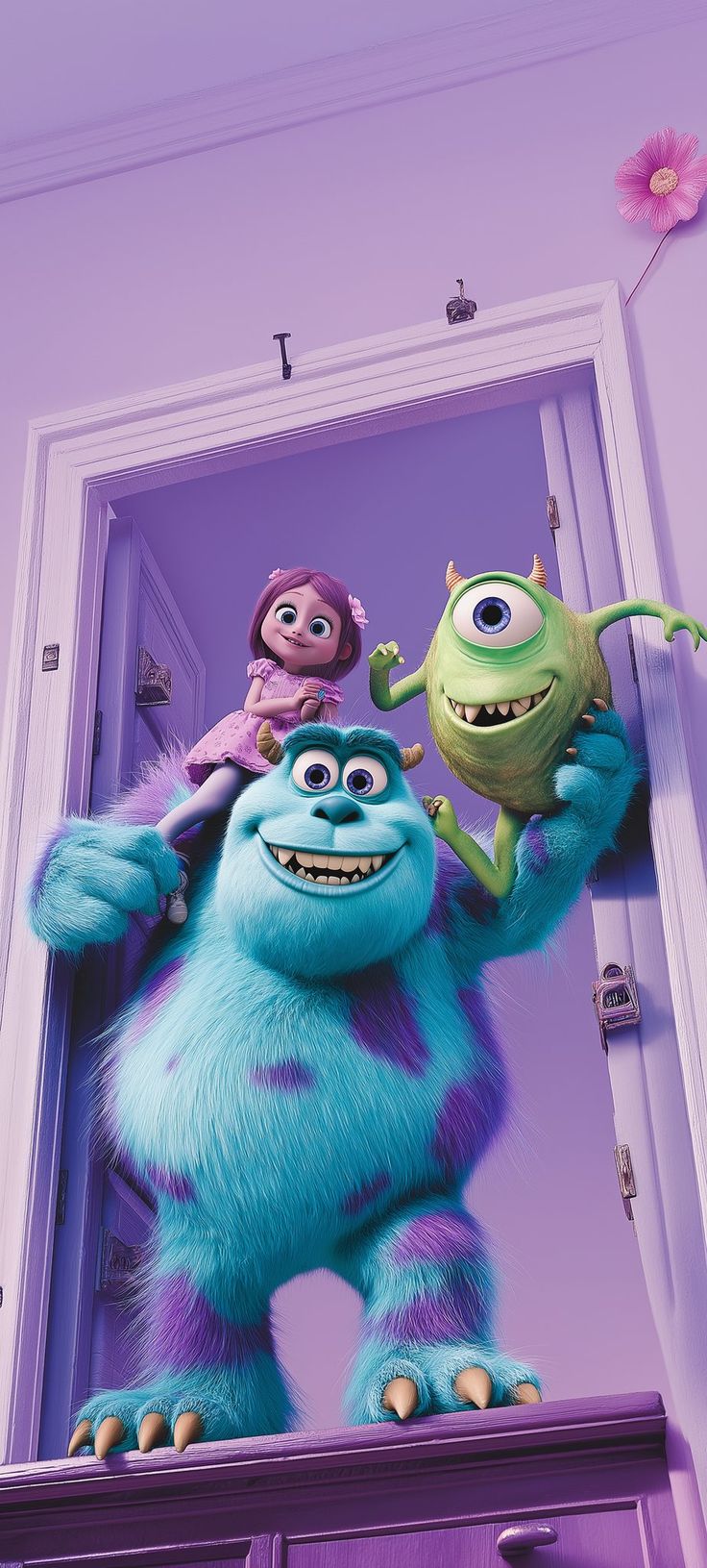 the monsters are standing in front of an open door with their arms around each other