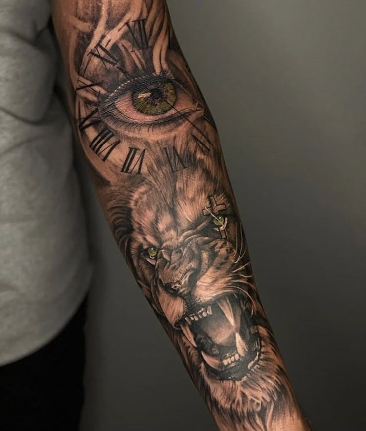 a man's arm with an eye and a tiger on it