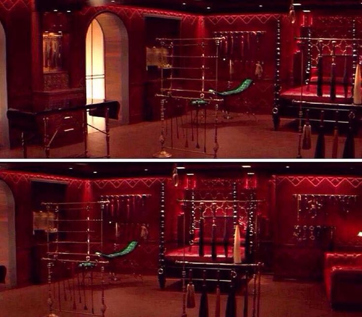 two pictures of the inside of a red room