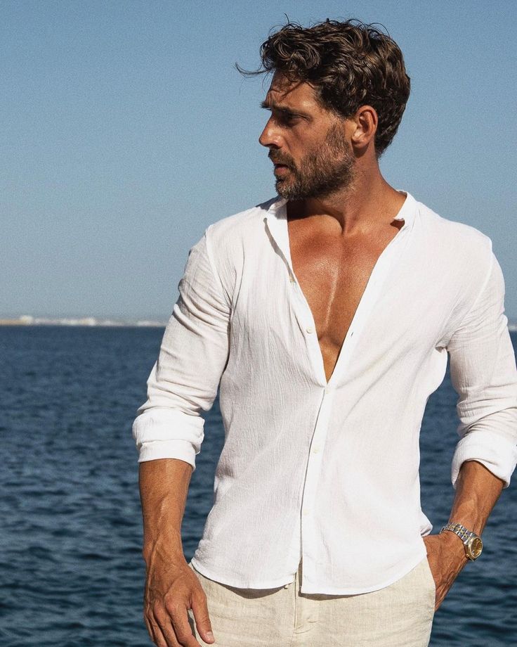 Joseph Cannata, Spain Mallorca, Men Linen Shirt, Handsome Male Models, Mens Photoshoot Poses, Male Models Poses, Beach Poses, Well Dressed Men, Summer Cotton