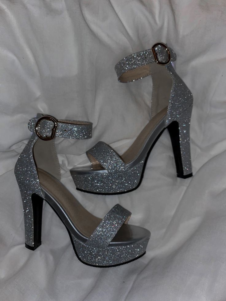 High Heels Prom Silver, Silver Glitter High Heels, Silver High Heels For Prom, Silver Heels Aesthetic, Glittery High Heels, Silver Sparkly Shoes, Homecoming Heels, Prom Shoes Sparkly, Silver Heels Prom