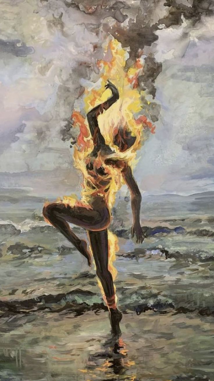 a painting of a man with fire on his body standing in the middle of water