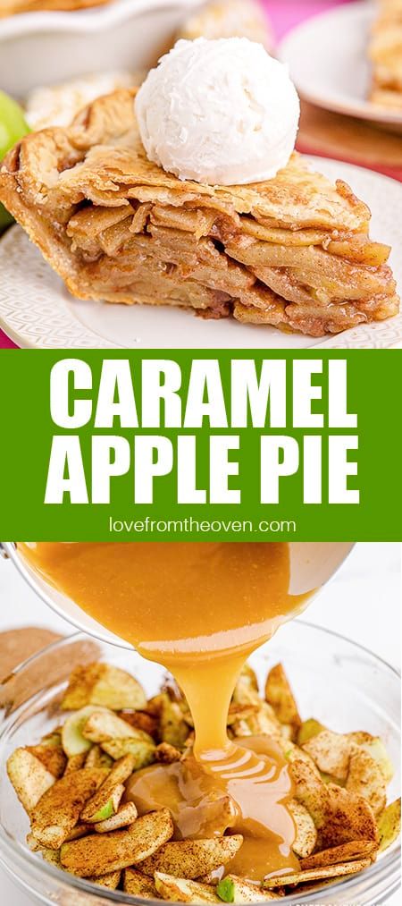 caramel apple pie on a plate topped with ice cream