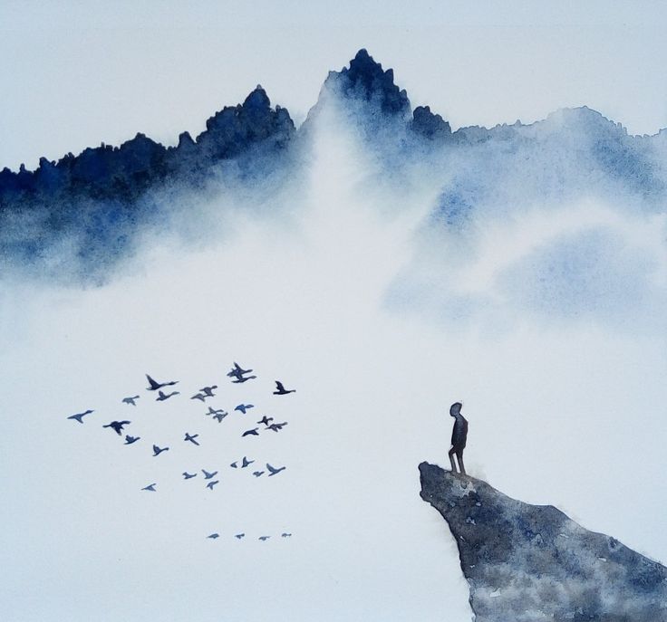 a man standing on top of a cliff surrounded by birds