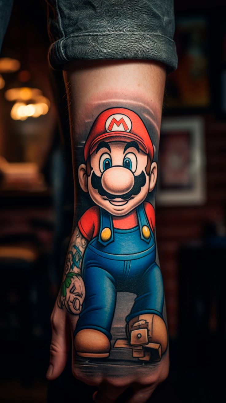 a person with a mario tattoo on their arm