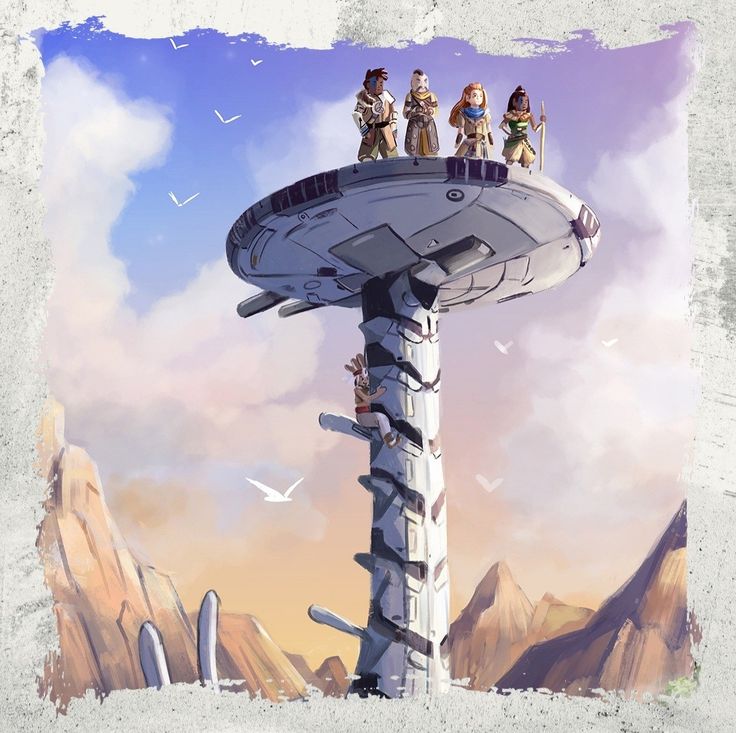 a group of people standing on top of a tall structure in the sky with mountains behind them