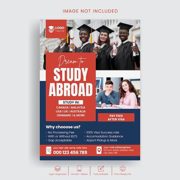 a red and blue graduation flyer with photos on the front, two students in cap and gown