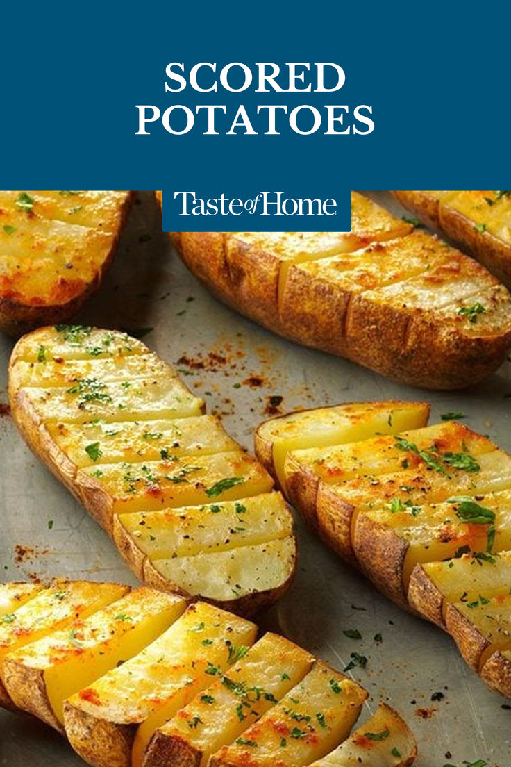 These well-seasoned baked potatoes are a fun alternative to plain baked potatoes. It's easy to help yourself to just the amount you want, too, since the potato halves are scored into sections. — Barbara Wheeler, Sparks Glencoe, Maryland #scoredpotatoes #potatoes #dinnerrecipes #recipes #food Half Baked Potatoes, Scored Potatoes, Vegetarian Bake, Potato Recipes Side Dishes, Cook Smarts, Campfire Food, Half Baked, Help Yourself, Baked Potatoes